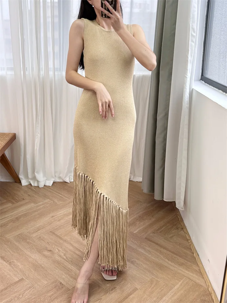 

Elegant O Neck Tassel Knitted Dress For Women Sleeveless Summer New Slimming Temperament Female Party Dresses Streetwear 2025
