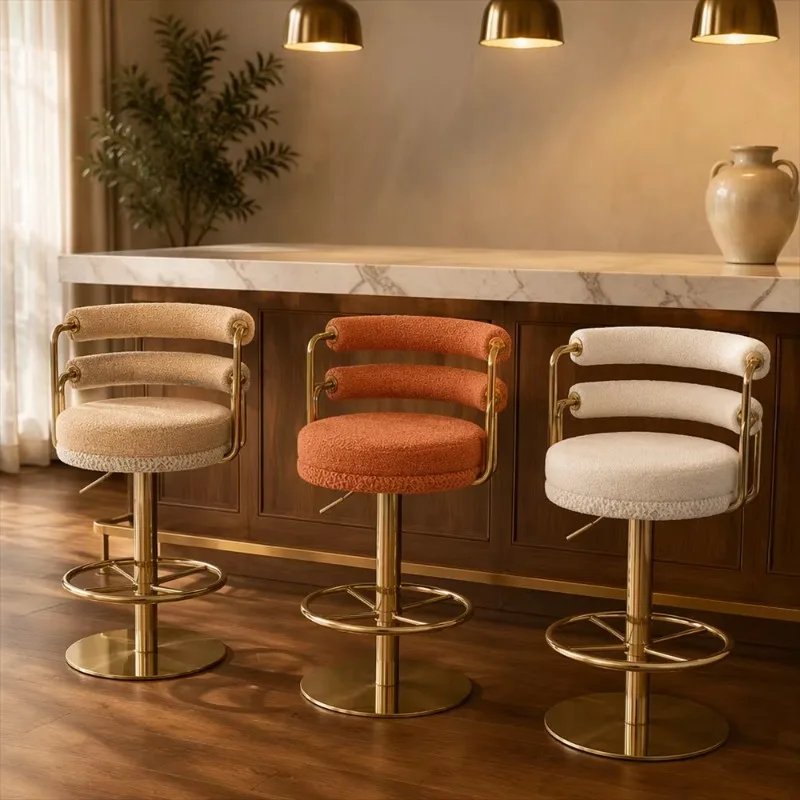 Kitchen Island Bar Chair Boucle Fabric Cushion Adjustable Height Swivel Seat Gold Metal Frame and Ring Footrest