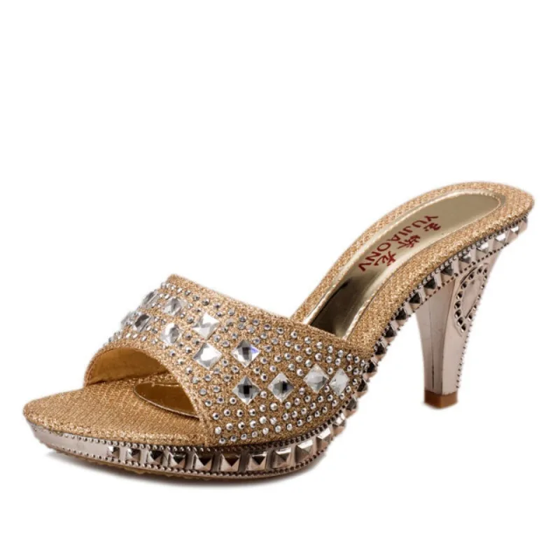 Nieuwe Zomer Dames Sandalen Strass Vrouwen Schoenen Sexy Hoge Hakken Schoenen Vrouwen Sandalias Goud Zilver Slippers Platform Hakken