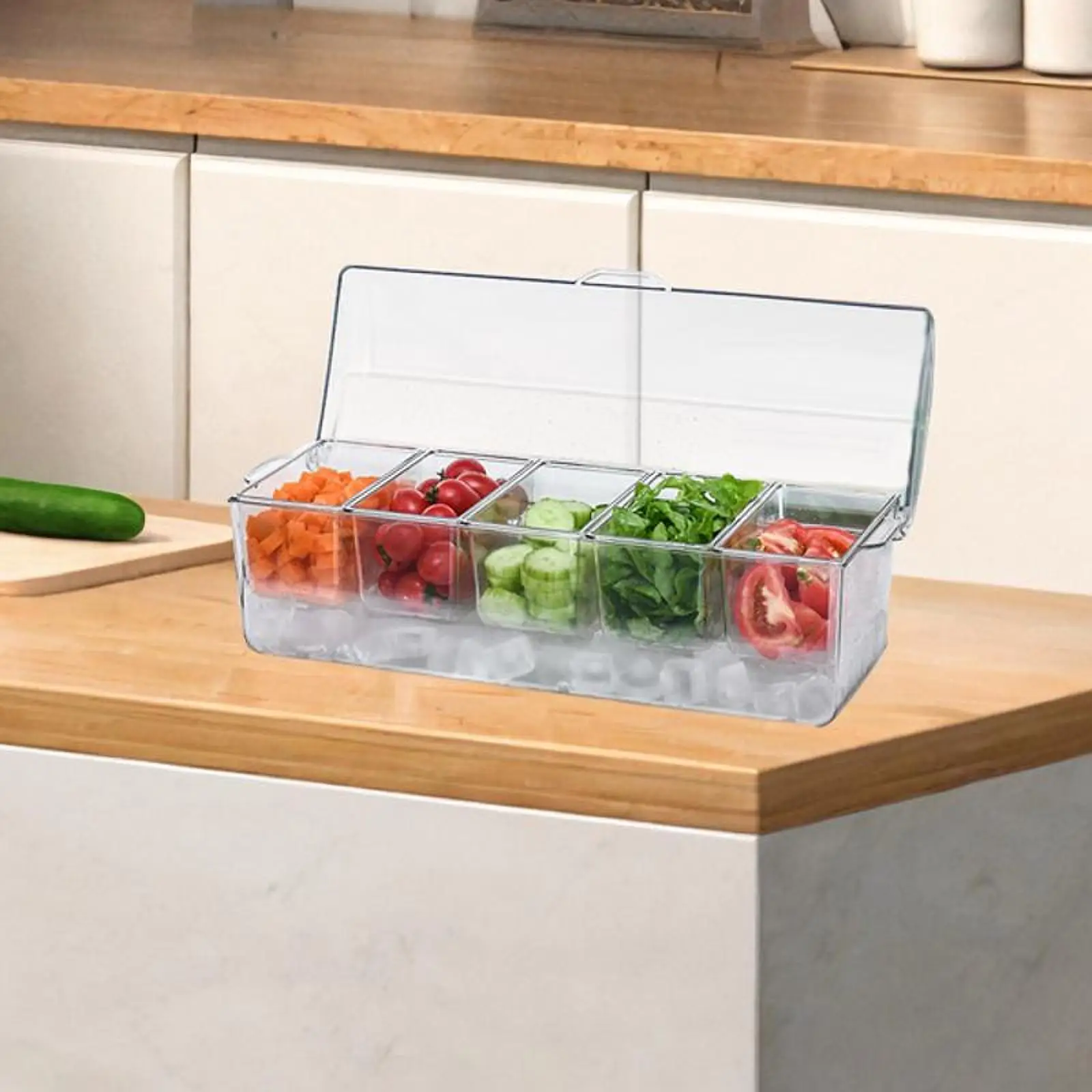 Chilled Condiment Server Tray Serving Platter Dish Sturdy 5 Compartment for Salad Bar, Buffet Seafood Fruits Meats Picnic
