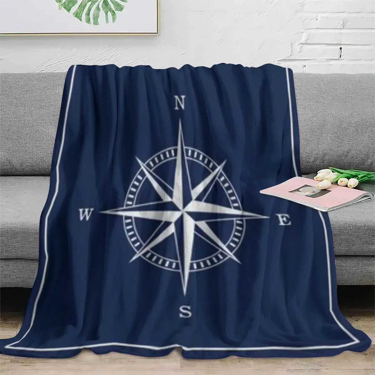 Marine Navy Blue Compass Theme Flannel printed blanket suitable for all seasons suitable for living room office sofa and travel