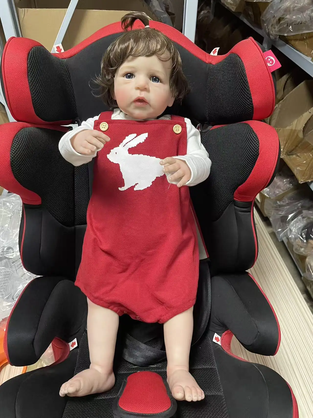 24Inch Wearing White Long Sleeved Rabbit Print Red Overalls Sandie Lifelike Multiple Layers Painting Reborn Doll Hand Root Hair