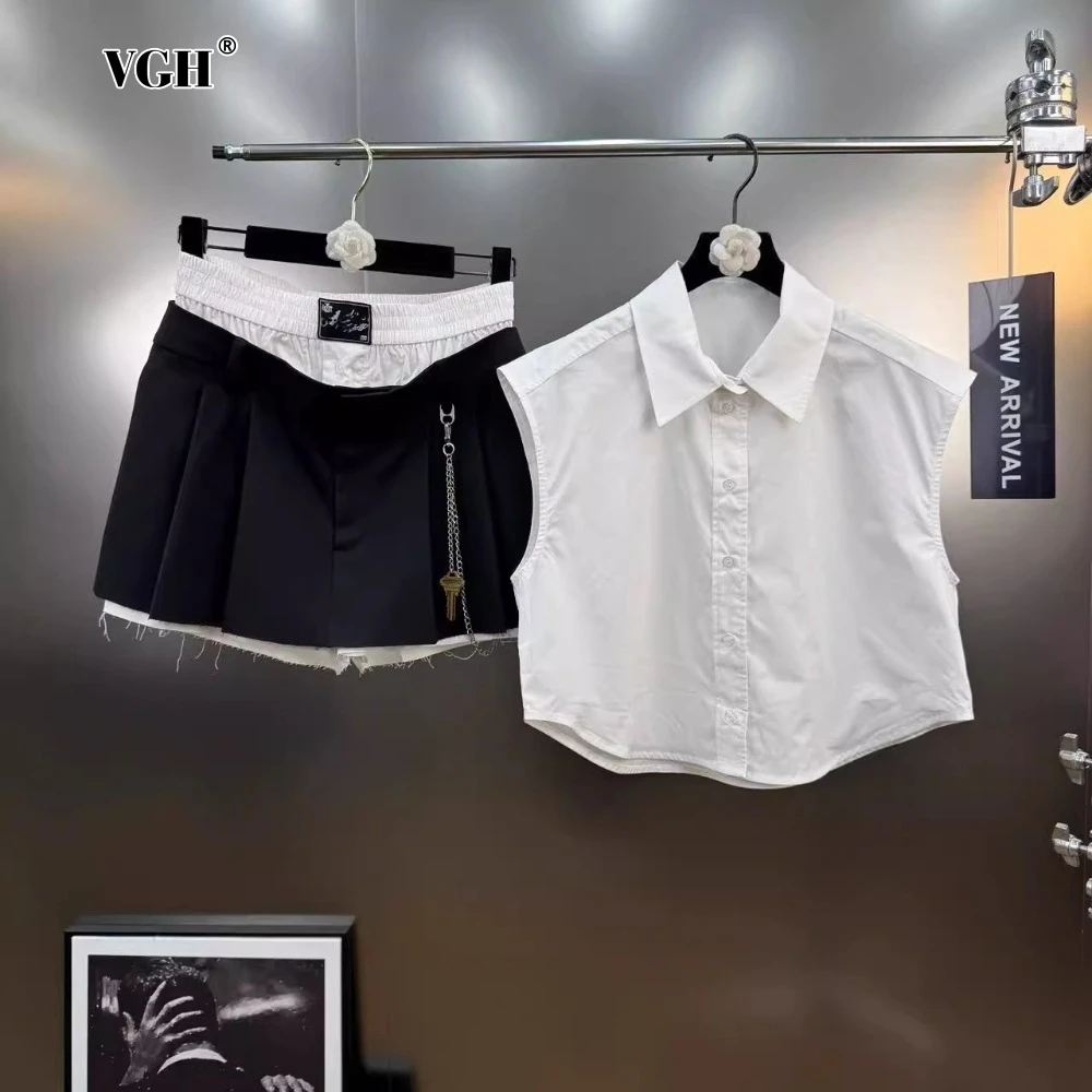 

VGH Basics Two Piece Set for Women Lapel Sleeveless Spliced Button Loose Shirt Double Waist Pleated Mini Skirt Suit Female Style