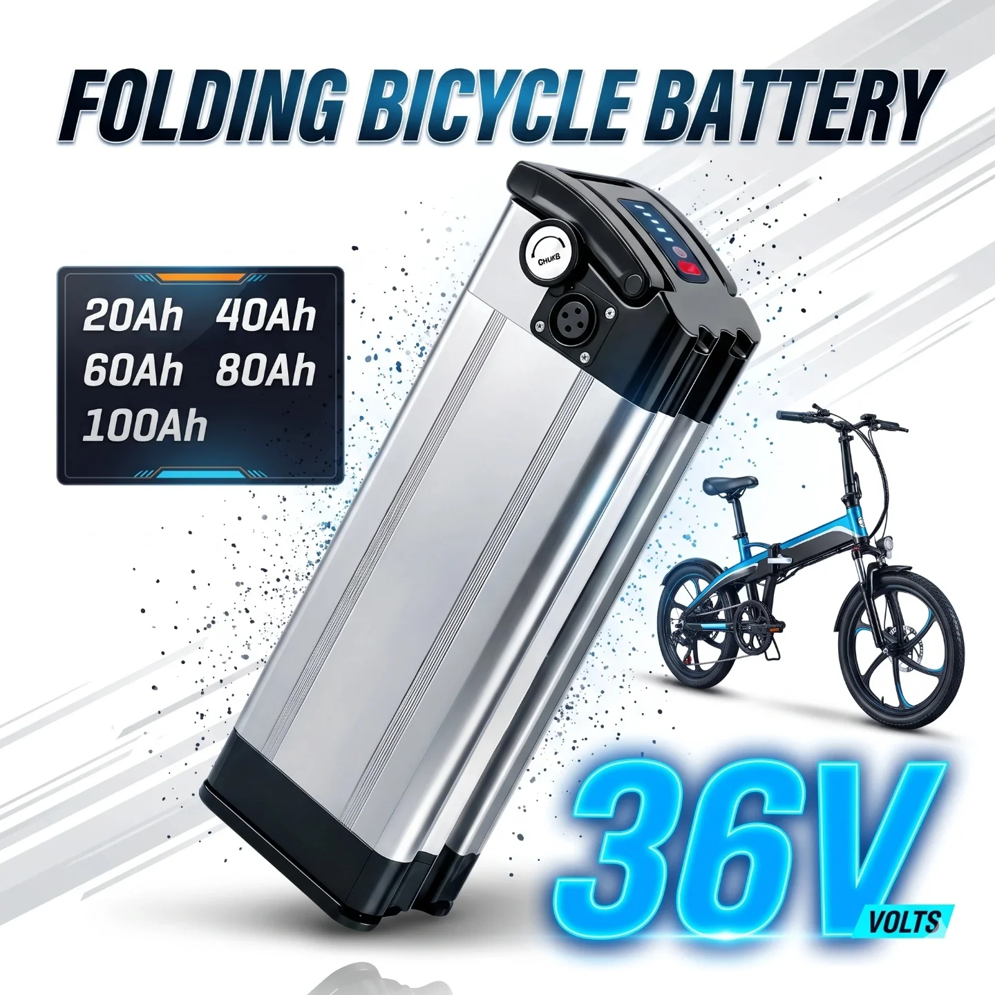 36V Silver Fish Replacement Lithium Battery for Folding E-bike Up to 3600W, Optional USB Port, Complete Set with Charger