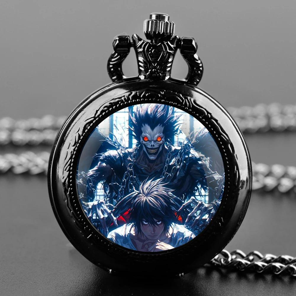 Anime Death Note Design ที่ไม่ซ้ํากันควอตซ์นาฬิกาพ็อกเก็ตชุดของขวัญพร้อมโซ่ทนทานและตัวเลขอาหรับ Face Timeless Present สําหรับชาย