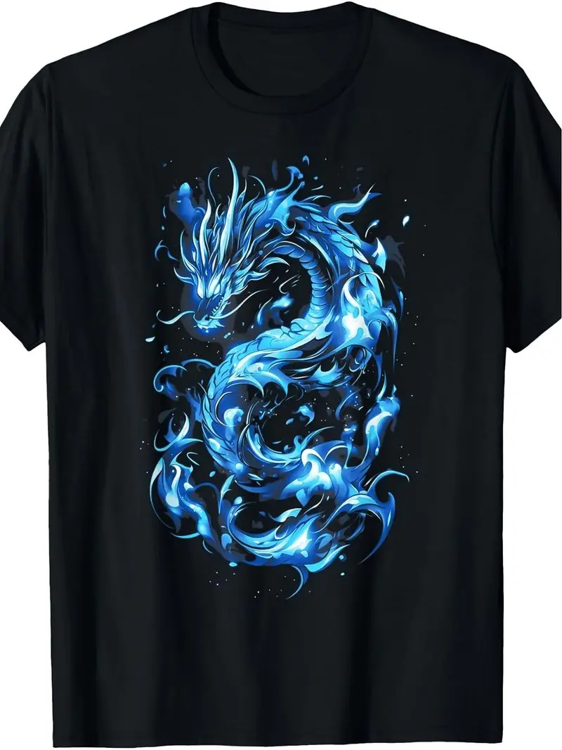 Machine Washable Tee Retro Blue Flames Dragon Tshirt Mythical Dragon Art Suitable For Machine Washable Round Neck Tee Fantasy Ap