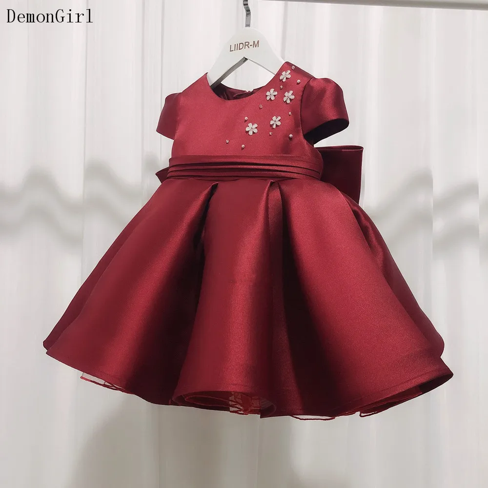 Burgundy Flower Girl Dress Big Satin Bow Kids Baby Girl Birthday Party First Communion Ball Gown with Coat