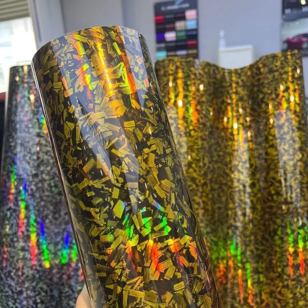 18M PET Glossy Holographic Laser Gold Rainbow Forged Carbon Vinyl Wrap Film Roll Adhesive Decals Car Motorcycle Wrapping Foil