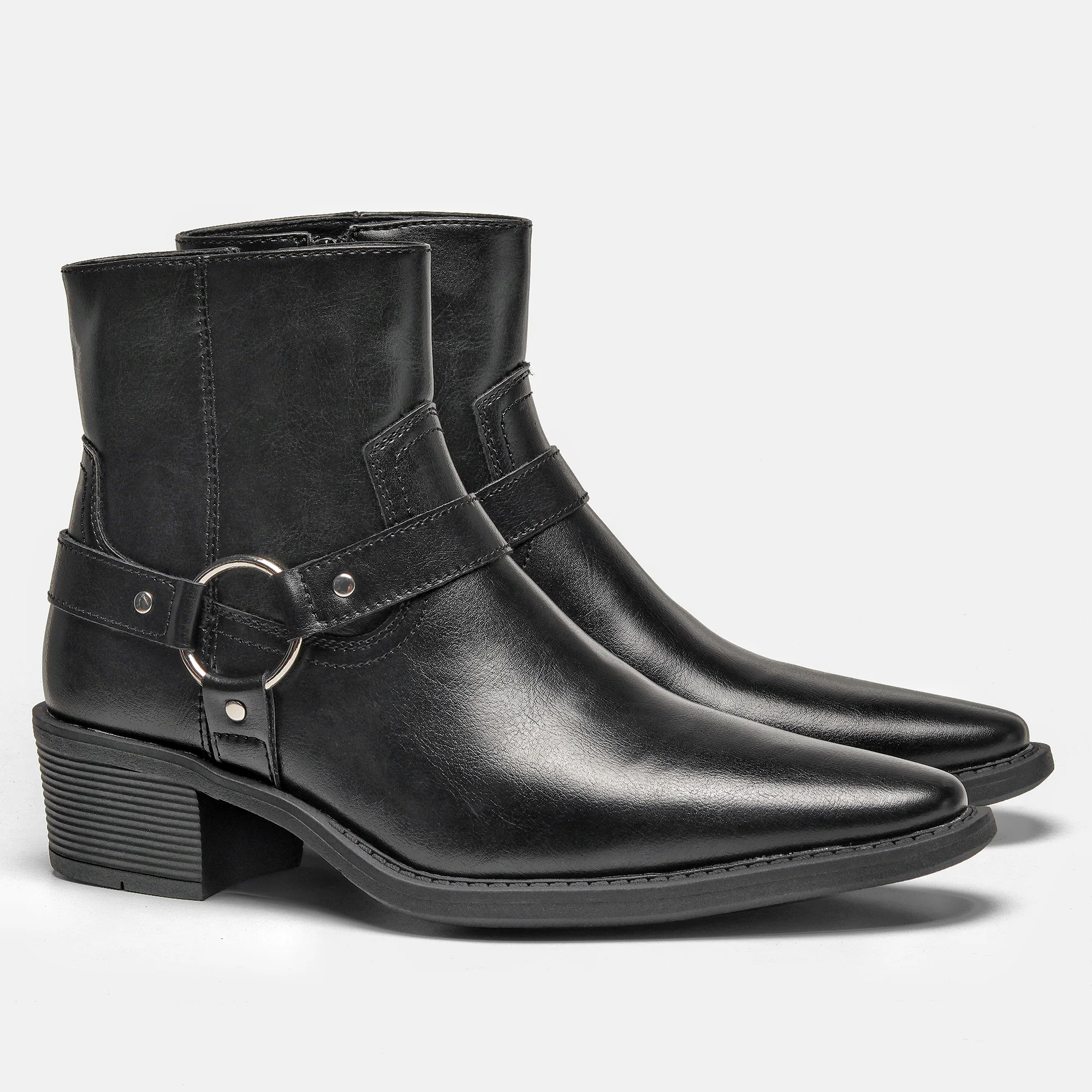 Chelsea-Stiefel für Herren, schwarze Schnallen-Knöchelstiefel mit seitlichem Reißverschluss, spitze Zehenpartie, Blockabsatz – Detail 7