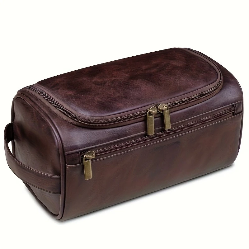 Men PU Travel Toiletry Bag Vintage Multilayer Zipper Dopp Kit Portable Handheld Shaving Wash Bag Business Trip Cosmetic Storage