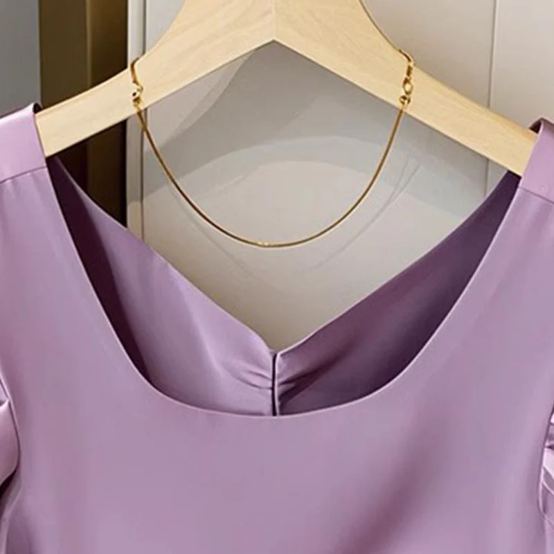 Ladies Fashion Ruffles Short Sleeve Shirts Summer Simplicity Elegant Solid Colorsquare Collar Slim T-Shirts Women Clothes Tops