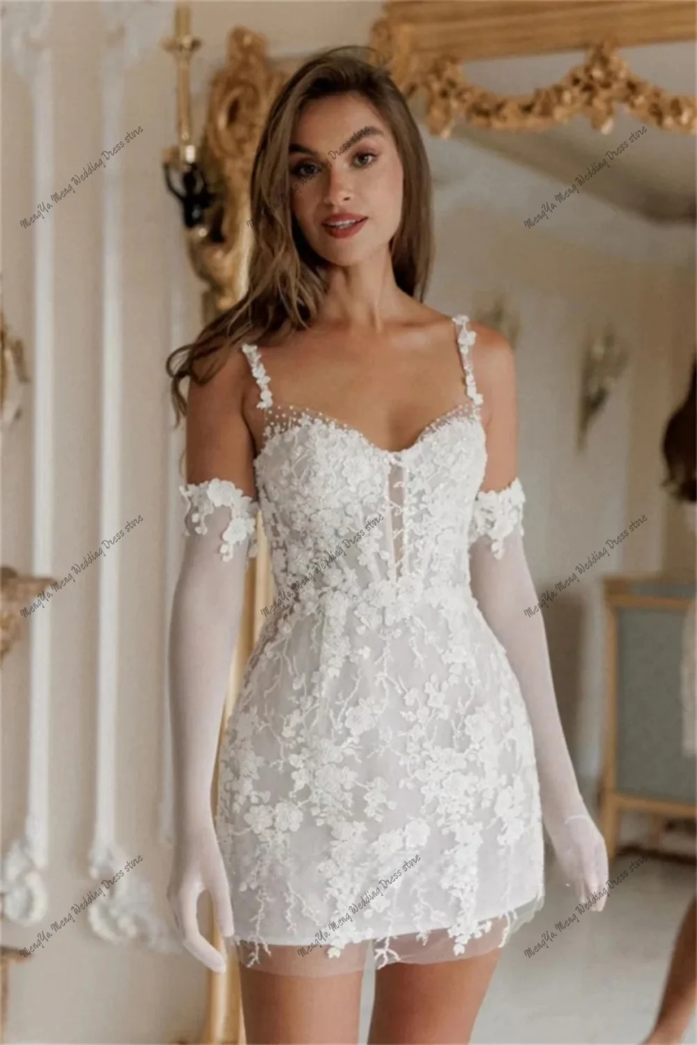 ZHUISHU مخصص الخرز الدانتيل السباغيتي حزام فستان زفاف قصير بدون أكمام حتى الفخذ طول فستان الزفاف حفل زفاف