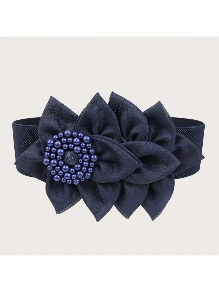 Yellow Navy Blue Elastic Belt Women Korean Style Large Flower Decorative Fashionable All match Wide Waist Seal Dress Accessories