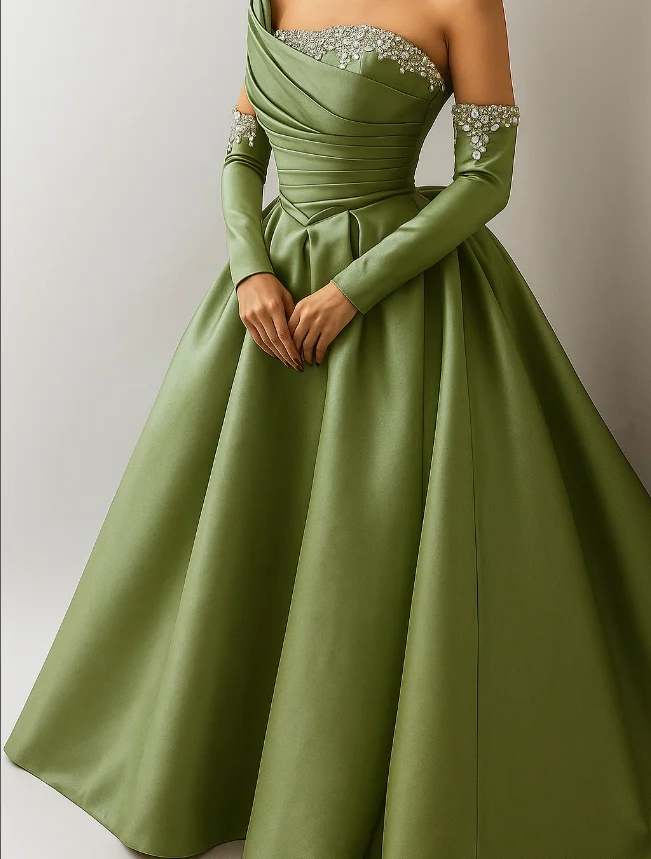 

Hunter Green Puffy Long Evening Formal Dresses Crystal Ruched One Shoulder Saudi Arabic Prom Gala Gown Pastrol Unis customsized