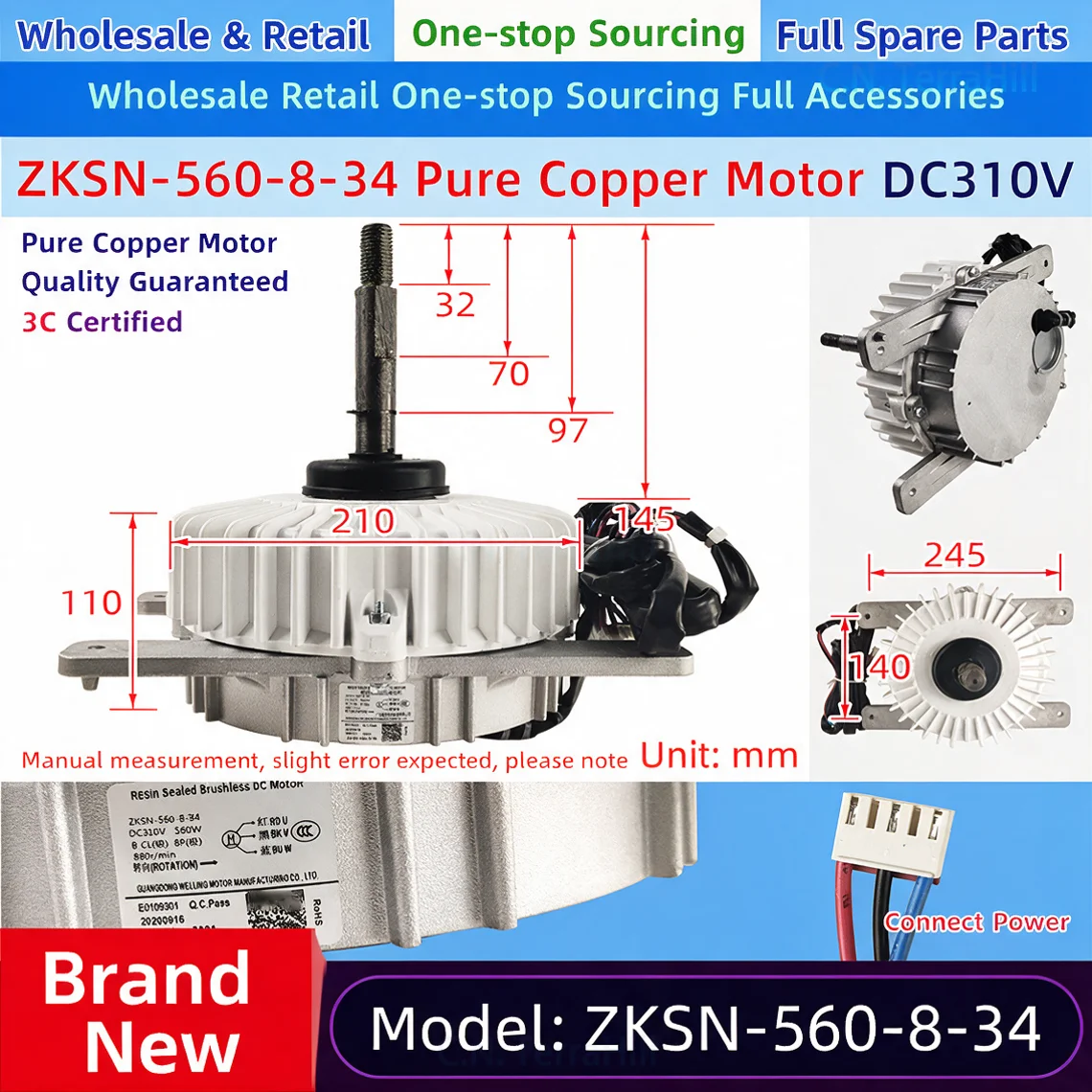 Brushless DC Motor Fan Blade 600x200 Central Air Conditioner Motor ZKSN-560-8-34 Compatible with Midea