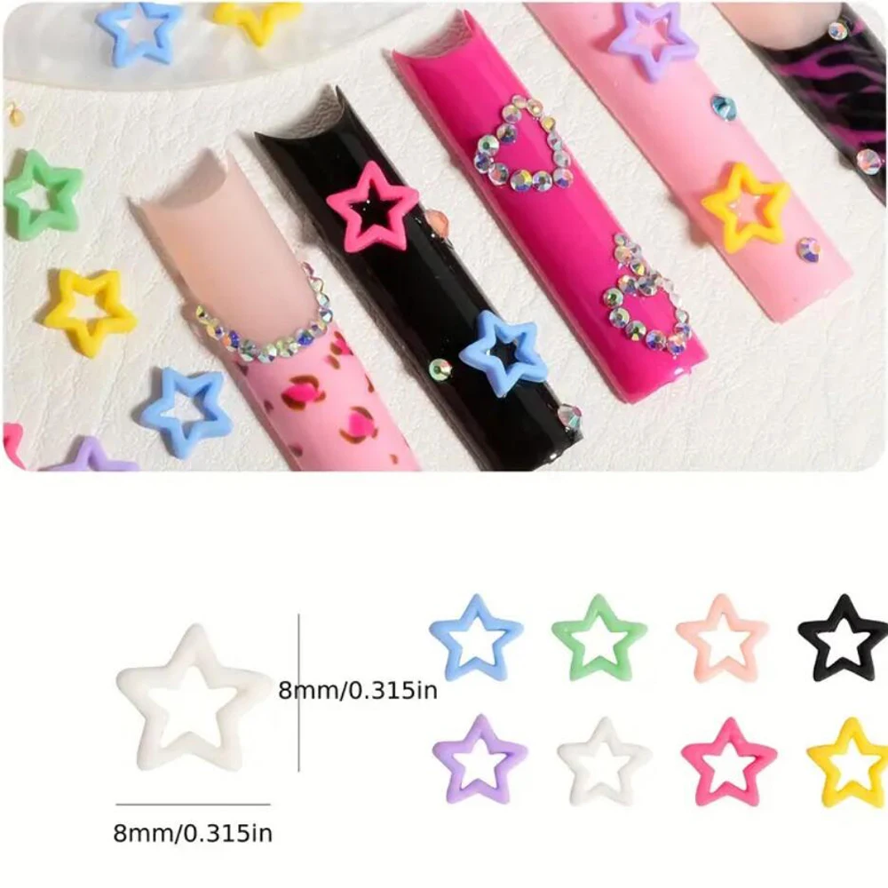 50/100Pcs Candy Color 8mm Hollow Star Nail Charms 3D Resin Kawaii Pentagram Nail Decorations DIY Y2K Style Manicure Accessories