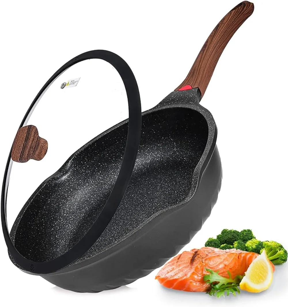 Vinchef-Nonstick Deep Frying Pan with Lid, Fry Pan, German 3C + Ceramic Coating Technology, Heat Indicator, 12 