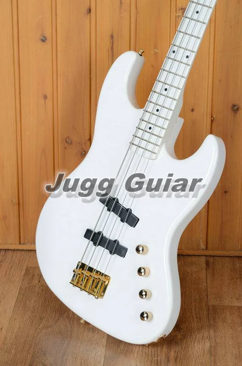 Seltene 4 Saiten Moon JJ 4 Larry Graham Modell alle weißen E-Bass Gitarre Asche Körper Ahorn Griffbrett 21 Bünde goldene Hardware