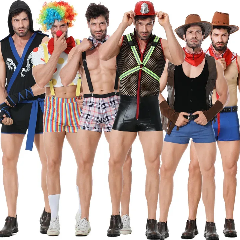 

Sexy Mens Firefighter Bodysuit Mesh See Through Underwear Faux Leather Clown Cosplay Costume Nightclub Cowboy Uniform Hat Set