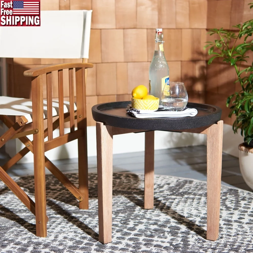 

Contemporary Acacia Wood Concrete Round End Table Easy Clean Outdoor Furniture Minimal Assembly Stylish Design Durable Home