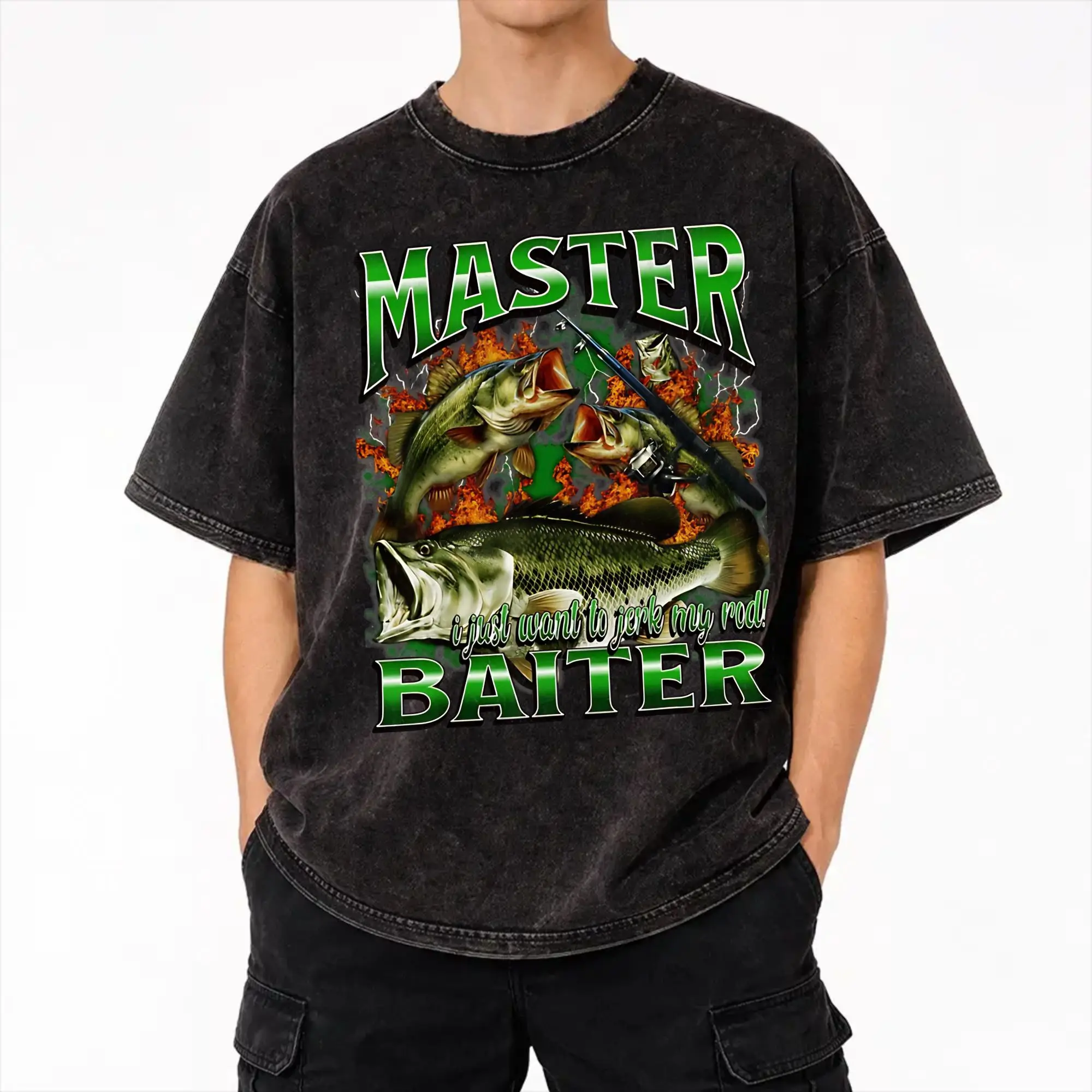 Harajuku Washed Shirt Master Baiter Funny Fishing  Outfit Vintage T Shirt Harajuku  Streetwear 100% Cotton Graphic Tops Tees