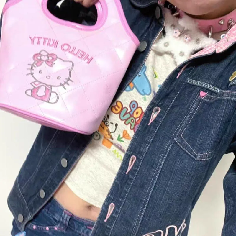 2024 New Sanrio Hello Kitty Handbag Mini Cute Girl Style Cartoon Pink Small Capacity Casual Commuting Leather Tote Bag Girl Gift