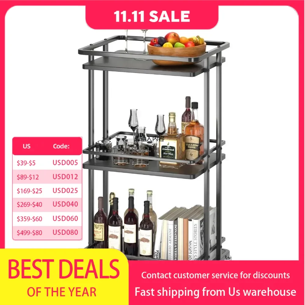 3-tier rolling service bar trolley, kitchen island storage trolley with wheels, multi-purpose utility cart storage rack