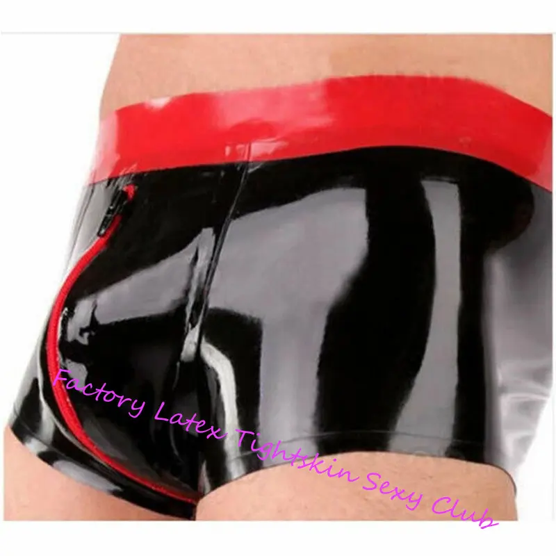 

Latex Boxer Men Rubber Shorts Black with Red Front Zipper Panties Tight Underwear