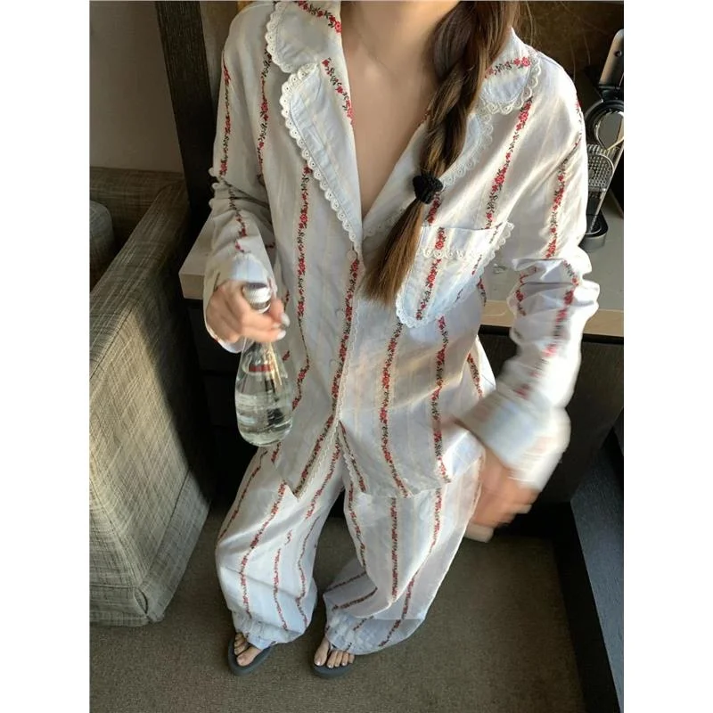 Retro Floral Print Sleepwear Women's Long Sleeve Loose Casual Home Clothes Set Spring Autumn Comfortable V-neck Button Front