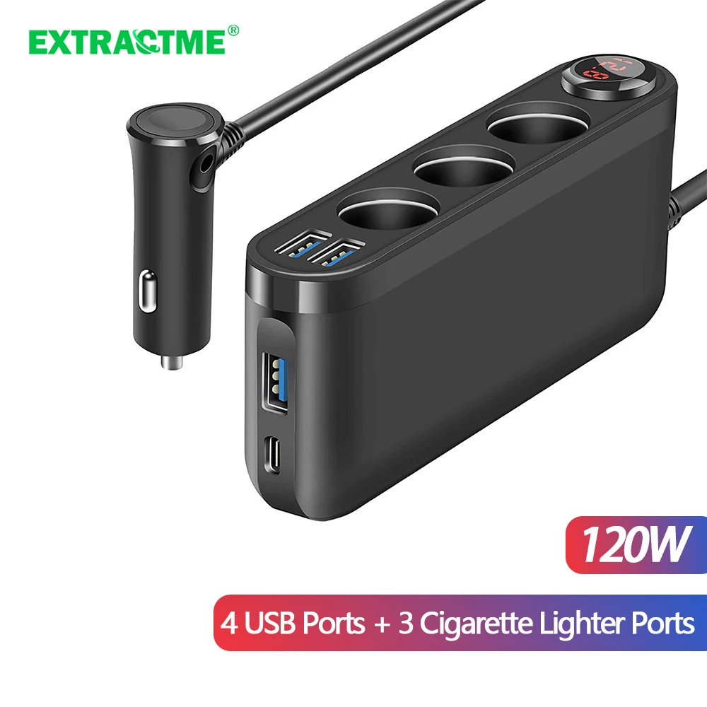 Extractme Car Cigarette Lighter Adapter Splitter 120W QC3.0 USB Fast Charger 4Port Socket with Voltmeter Auto Accessories