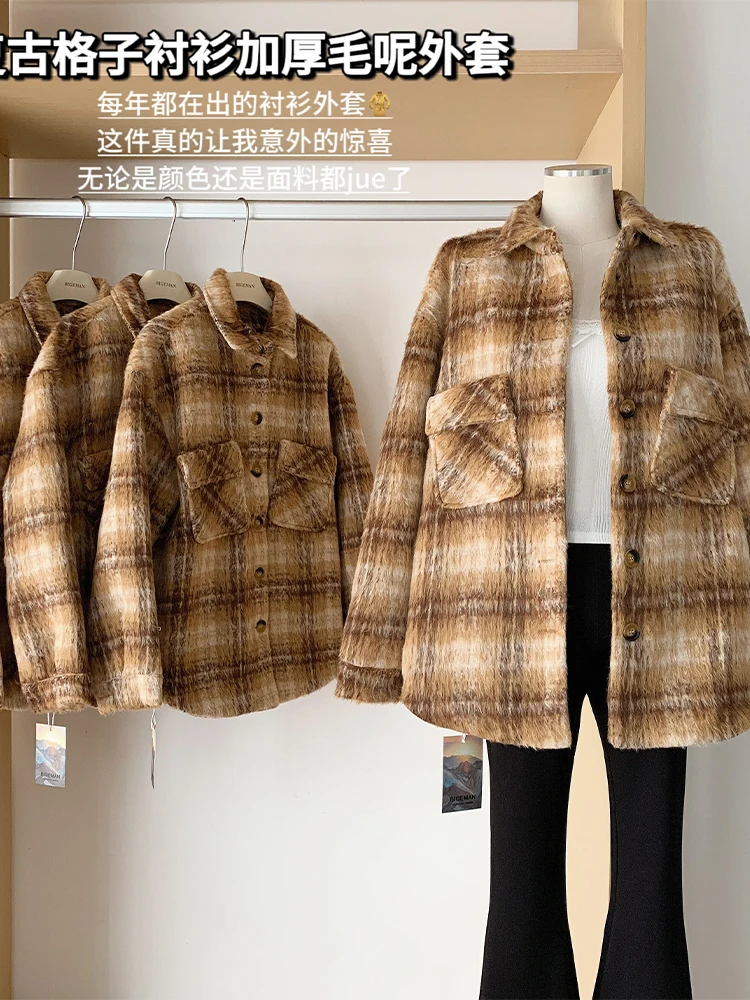 Women's Plaid Woolen Overcoat Warm Oversize Outerwear Loose Polo-Neck Pockets Jacket Coat Harajuku Fashion Clothes Winter 2024