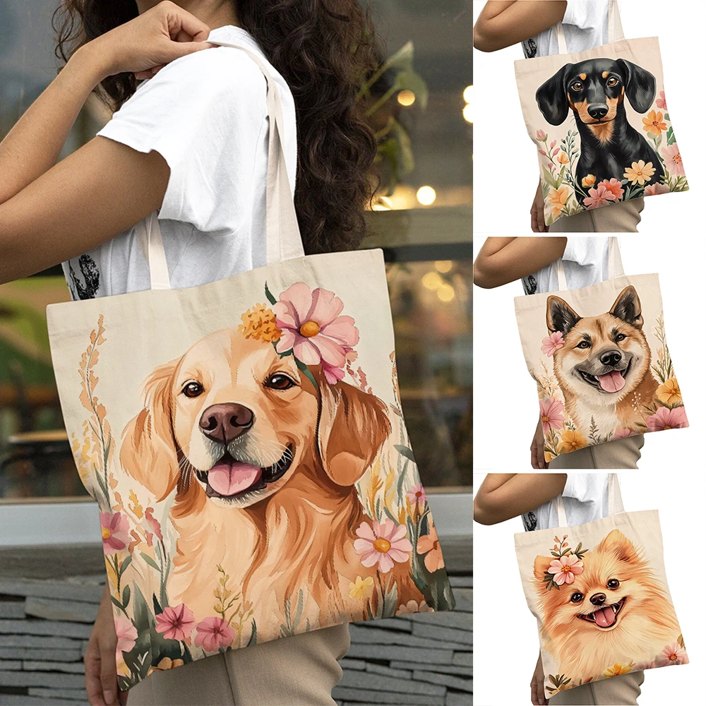 Women Shopper Bag Corgi Golden Retriever Pug Pet Girl Handbag Large Capacity Cute Dog Lady Shopping Bags Children Shoulder Tote