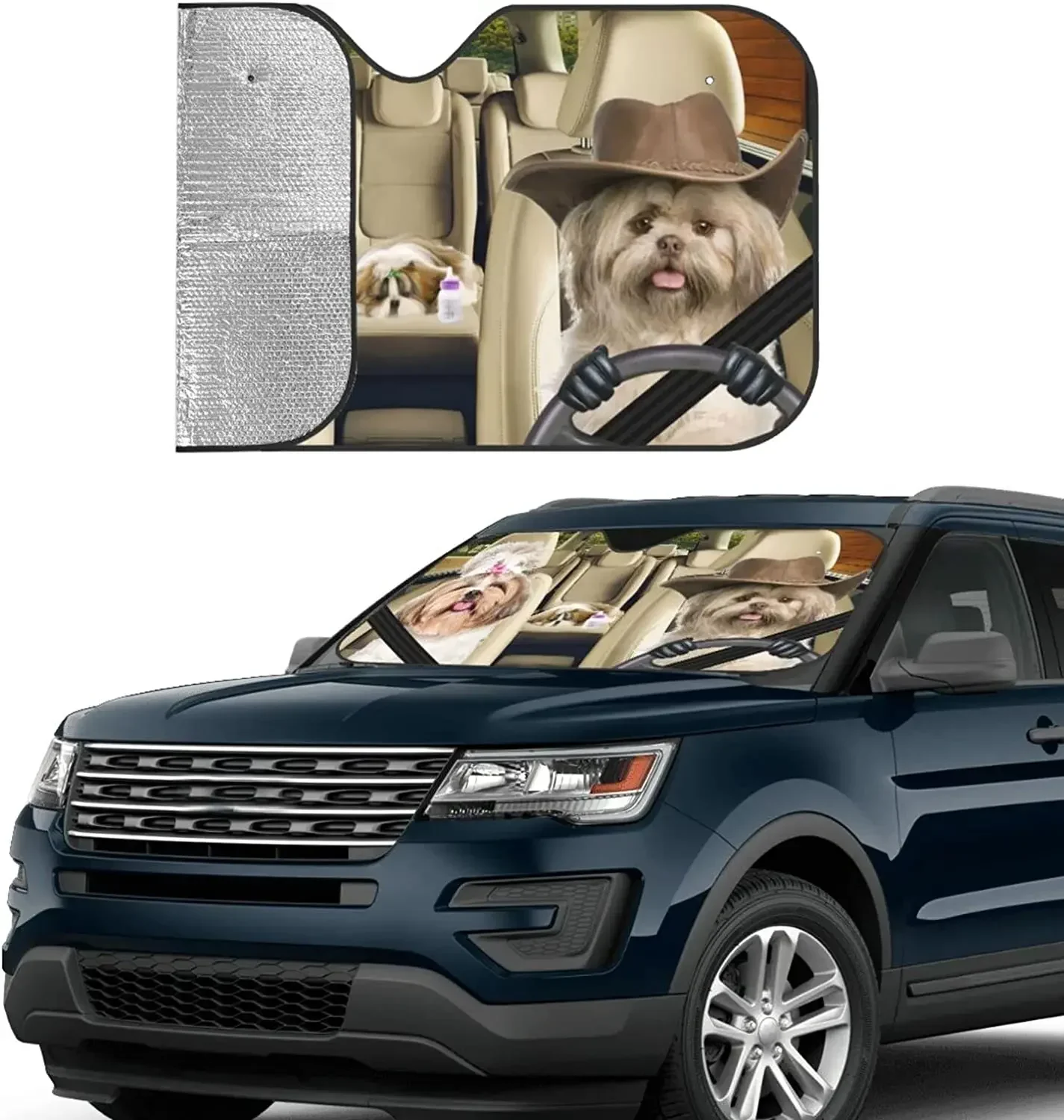 

Funny Pet Shih Tzu Dog Driver Driving Puppy Family Cute Animal Themed Printed Car Windshield Sun Shade Blocks Uv Rays Sun Visor