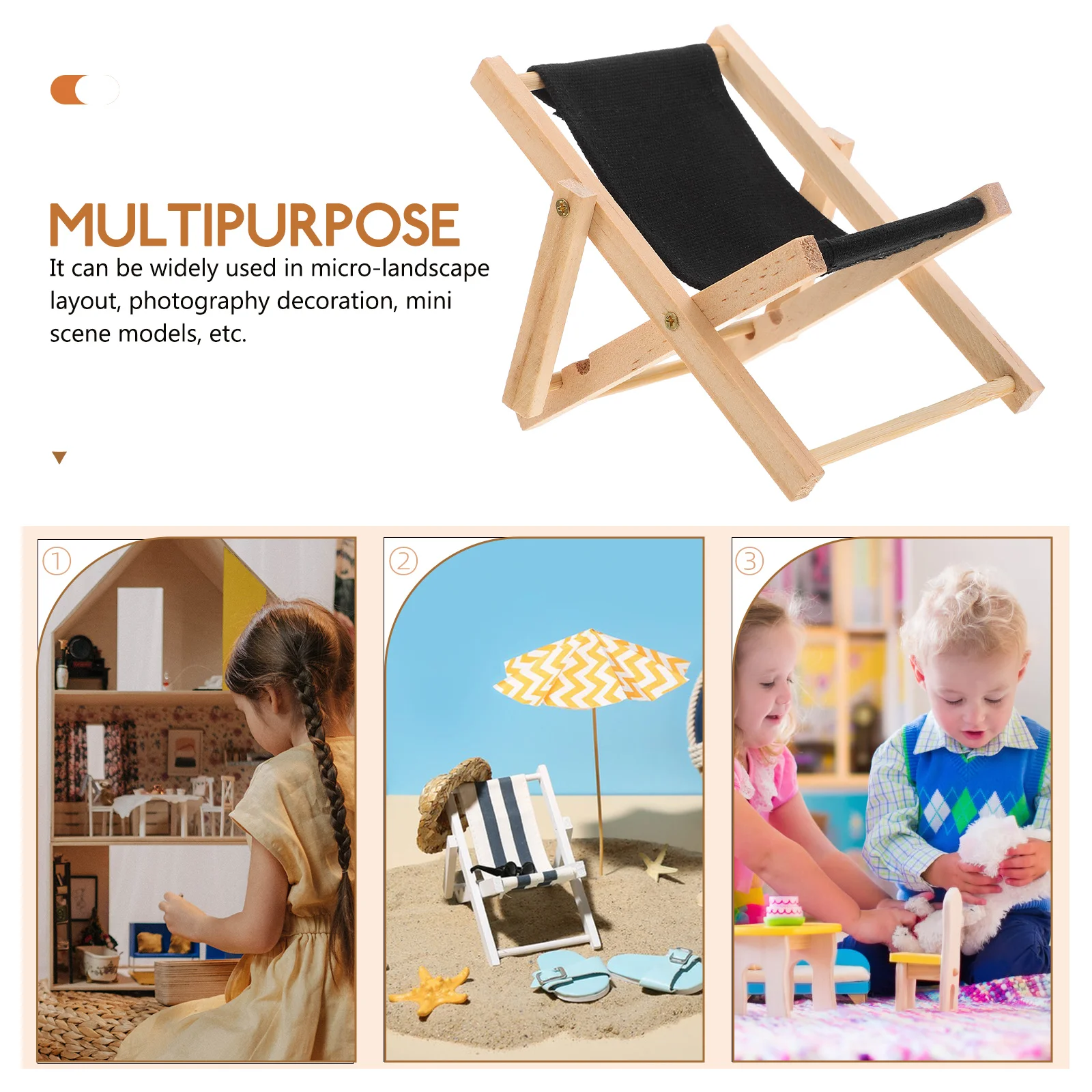 Mini silla de playa plegable de Color negro, modelo de sillón, muebles de juguete en miniatura de madera, decoración de micropaisaje, simulación de hogar