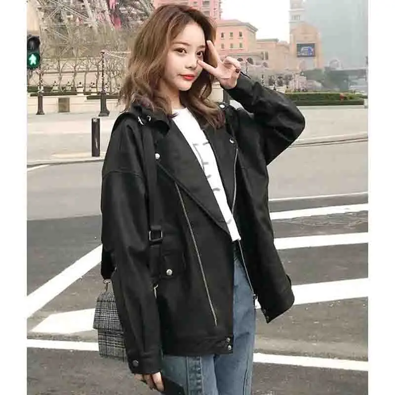 New Female Appear Thin Zipper Suit Collar Leather Jacket Women Korean Loose Fit Versatile Locomotive Suit Leather Jacket Coat