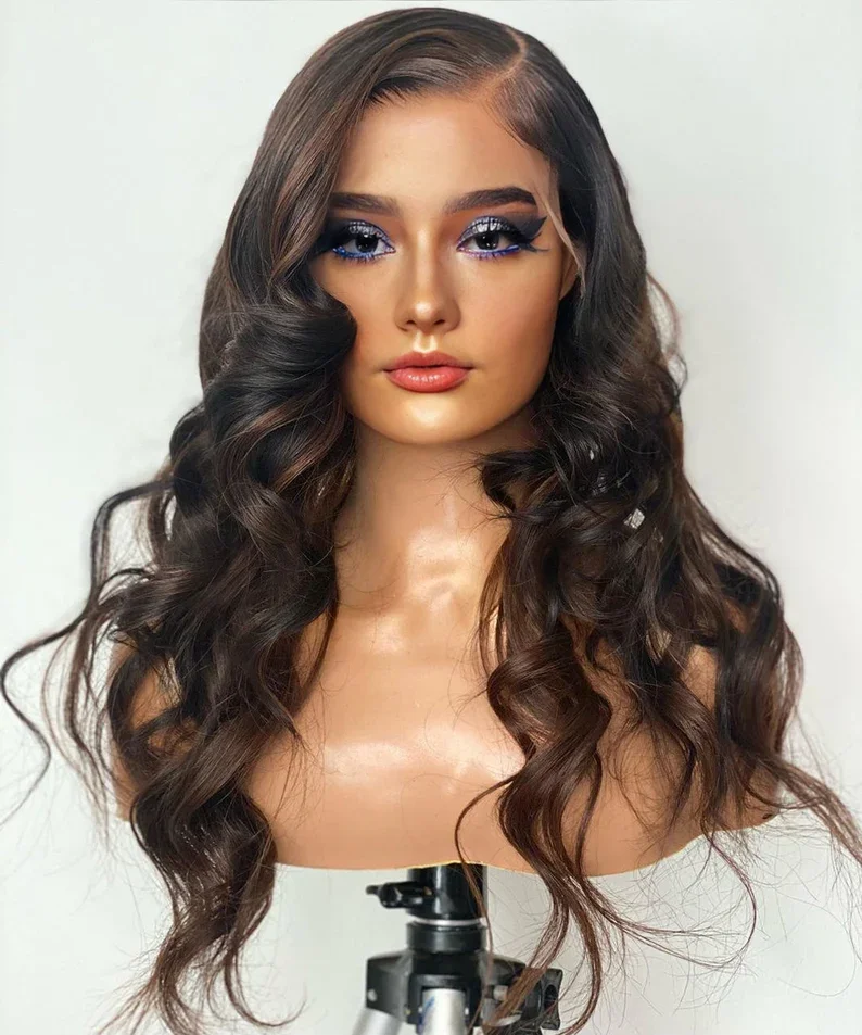 Soft Long Ombre Brown Glueless 28'' Body Wave 5x5 Silk Base Jewish Human Hair Wig Baby Hair HD Lace European Hair Preplucked