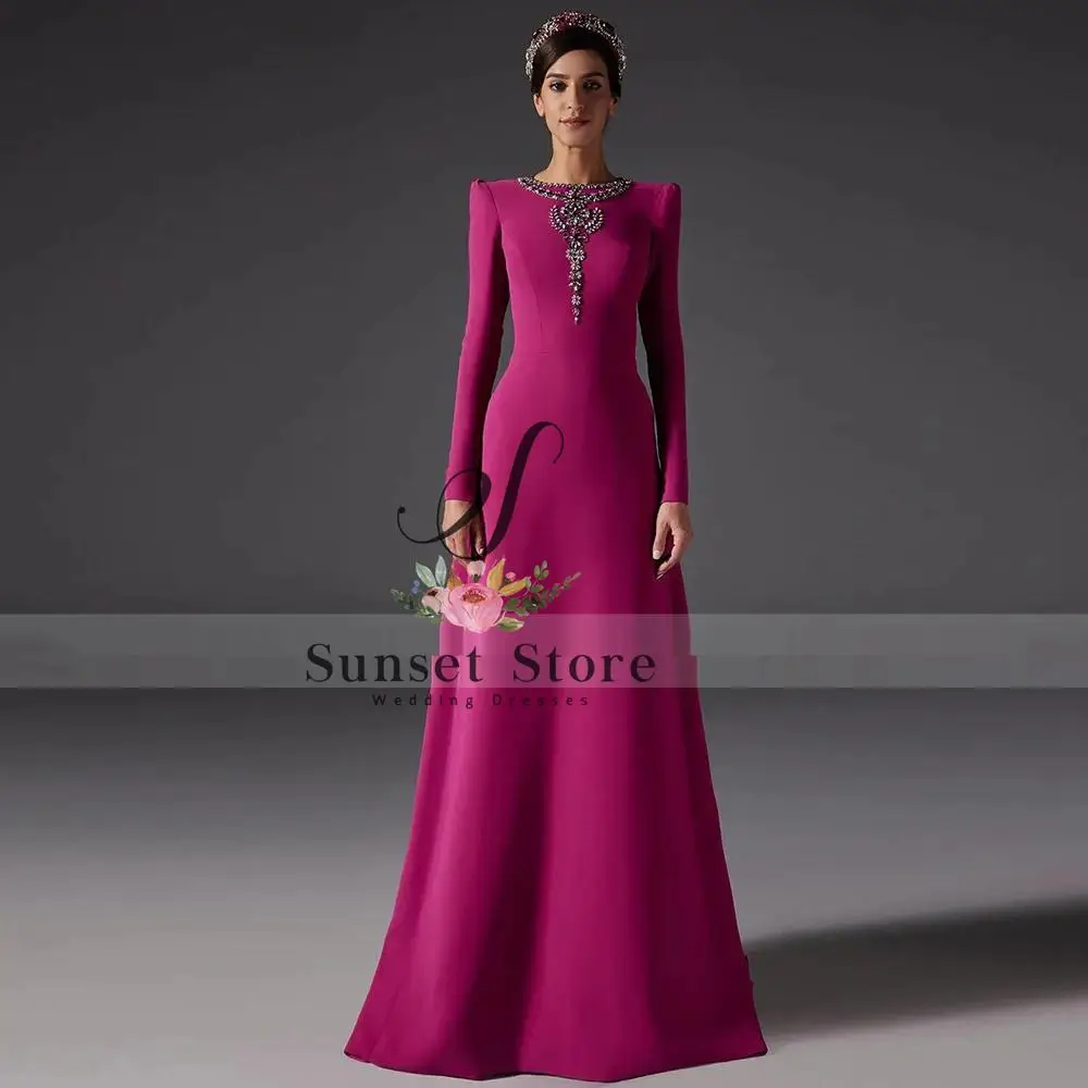 Maßgeschneidertes Abendkleid mit langen Ärmeln, gerüschten Strass-Perlen, Damen-Abendkleider, A-Linie, O-Ausschnitt, maßgeschneiderte Anlasskleider