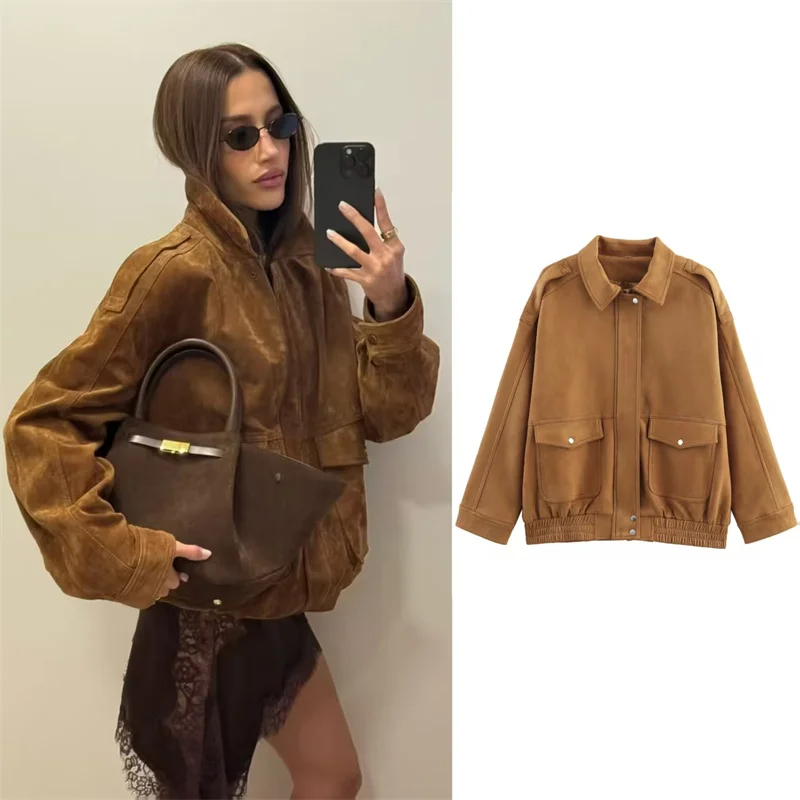 Guobioziy 2026 Women's Jacket Autumn/Winter New Style Camel Long-Sleeve Suede Fleece Pocket-Decorated Simple Loose Jacket Parka