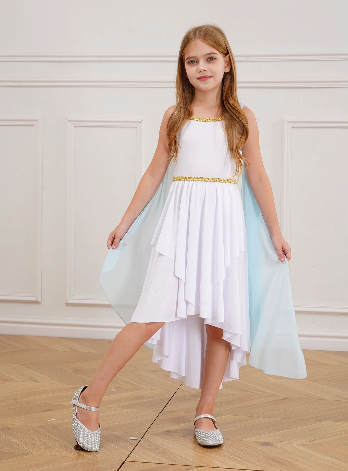 Kids Girls Halloween Ancient Greek Athena Costume Rome Toga Outfits for Princess Deity Flowy Rome Dress with Tulle Shawl Outfit