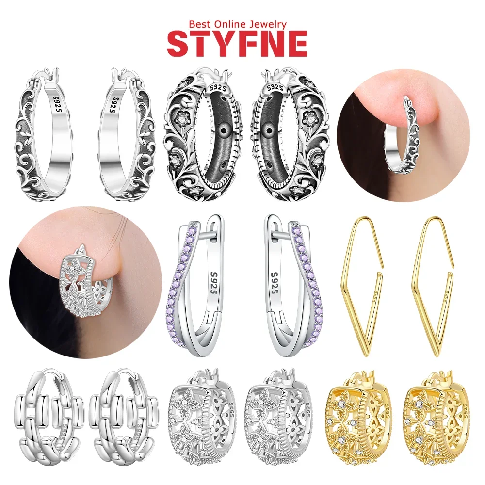 Earrings 925 Silver Vintage Floral Geometric Hoop Earrings Carved Pattern Fashion Simple Earrings Jewerly Birthday Gift Women