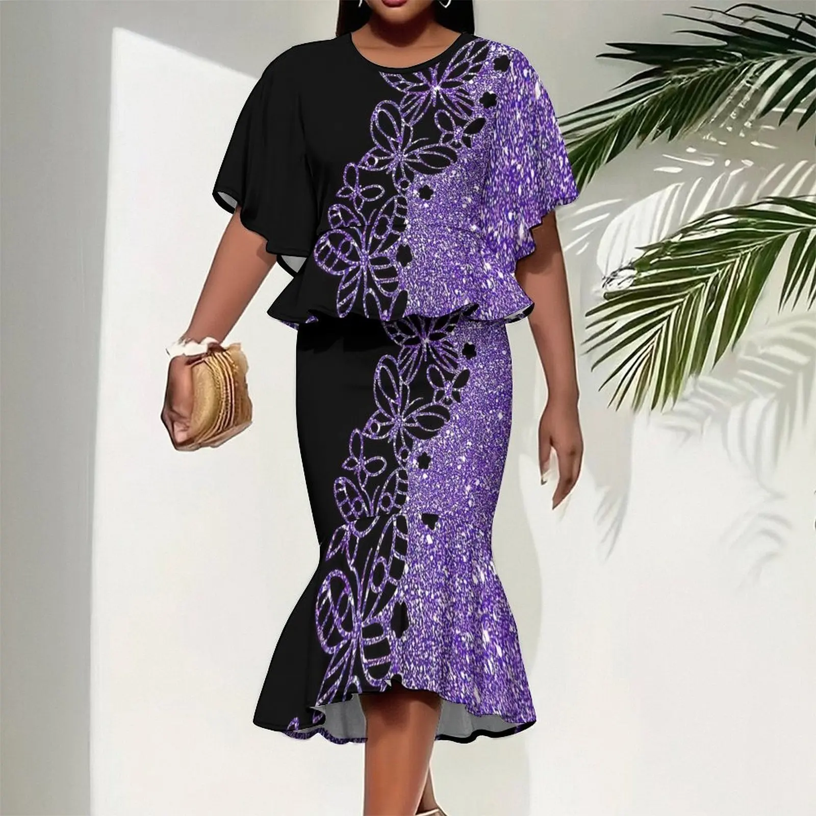 Elegant Casual Vacation Outfit,  Printed Party And Gathering Women Summer Round Neck Batwing Sleeve Mermaid Skirt Two-Piece Set