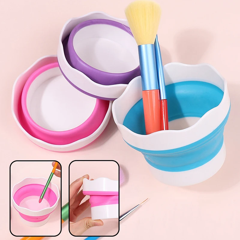 Balde dobrável de silicone para manicure, balde de escova de pintura, aquarela, desenho, ferramentas, caneta portátil, copo de lavagem