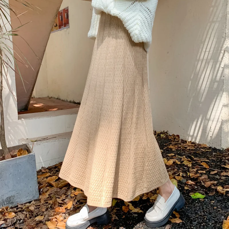 Fish Scale Pattern High Waist A Line Flared Knit Skirt Midi Length Pleated Skirt For Winter