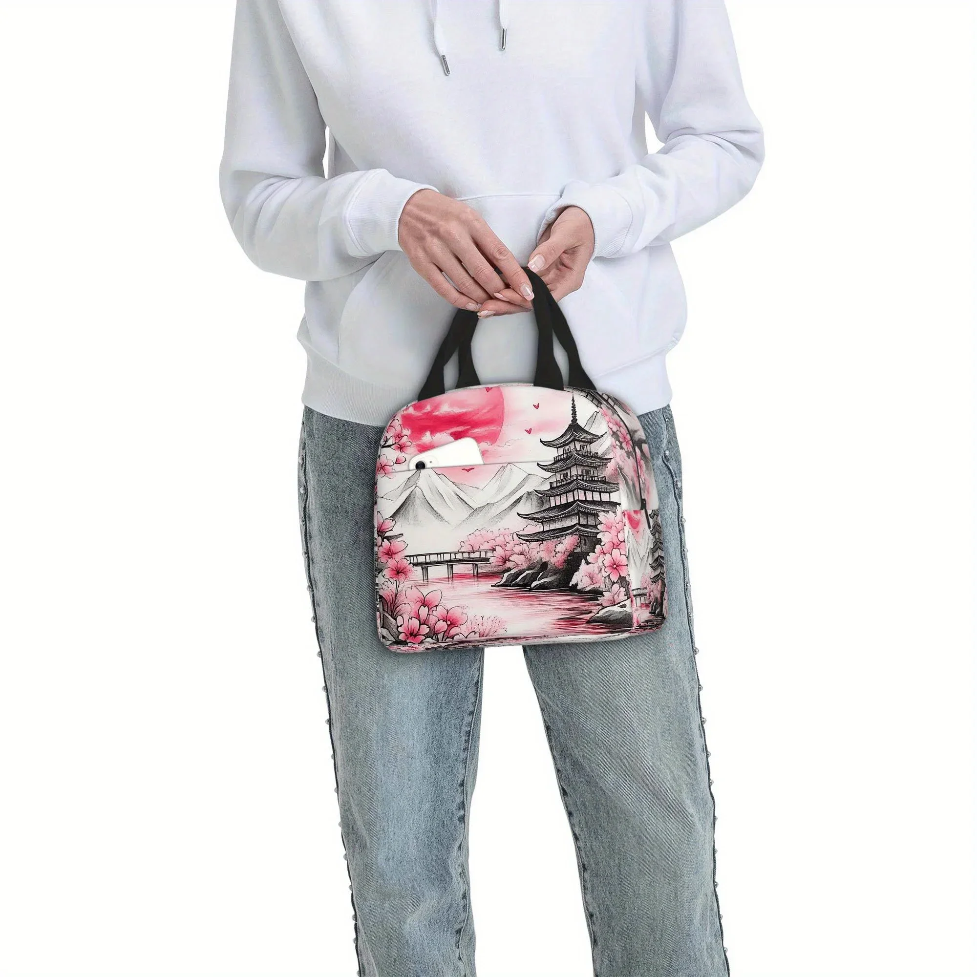 Japanese Cherry Blossom Pagoda Thermal Bag Insulated Lunch Tote with Non-Food Contact Surface Pink Floral for Home Office
