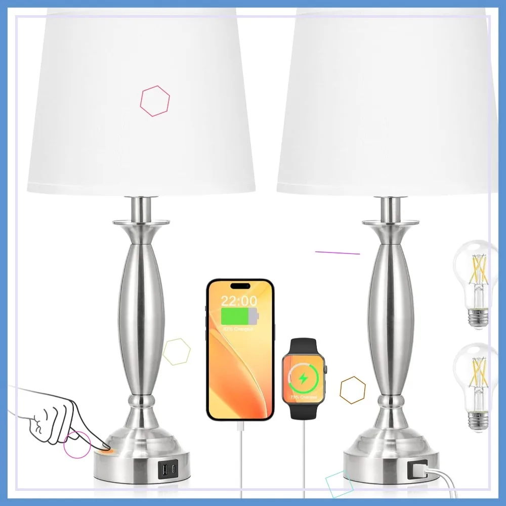 

Set of 2 White Touch Control Bedside Lamps with USB C+A Ports, Dimmable Nightstand Lights for Bedroom and Living Room