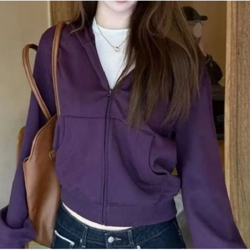 QICHE 2026 Womens European‑Style Fashion Outerwear Composite‑Cotton Solid Hooded Zip‑Up Sweatshirt Slim Purple Design For Petite