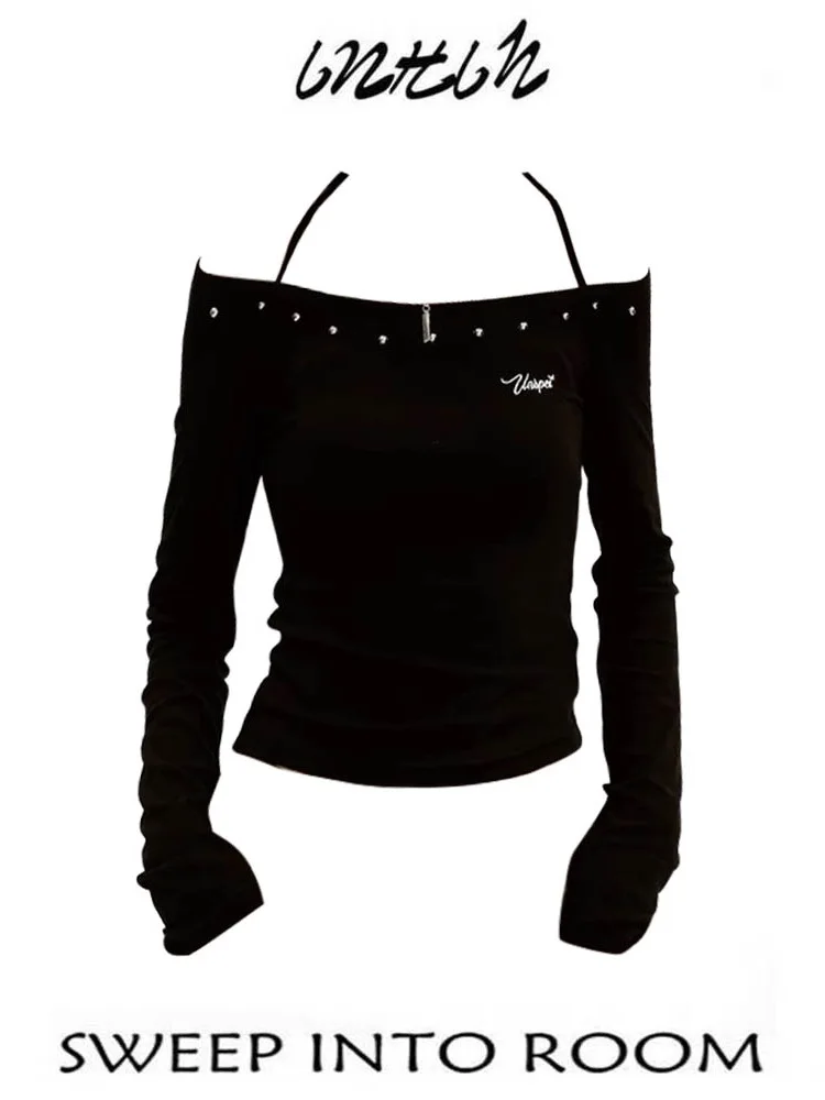 تي شيرت نسائي أمريكي مثير بدون أكمام وبدون أكتاف، بأكمام طويلة، بتصميم أنيق وملائم للجسم، يبرز الأناقة والإطلالة الجذابة.