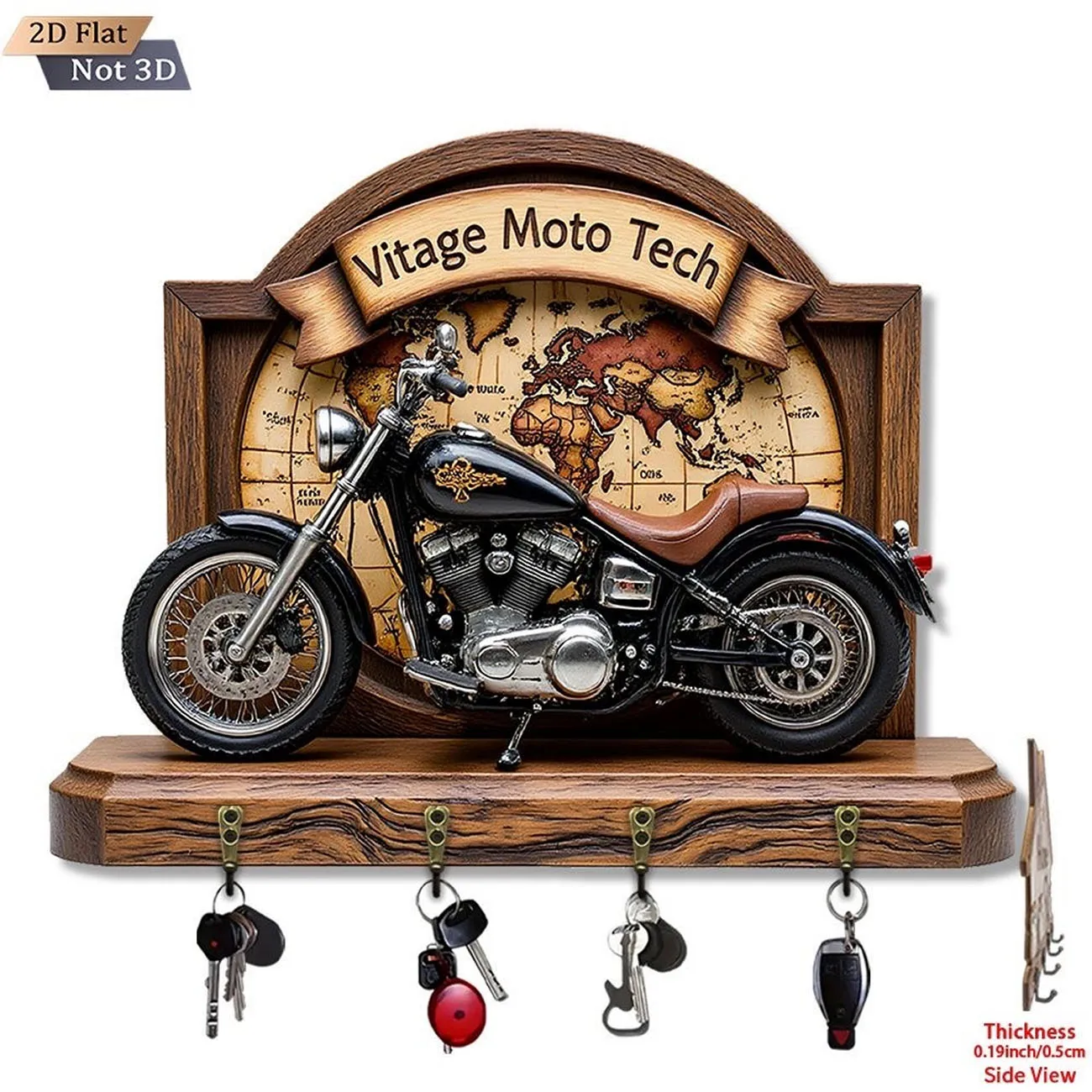 Wooden Key Holder 2D Flat Vintage Motorcycle World Map Pattern Wall Key Rack 4 Hooks Biker Home Decor 1pc