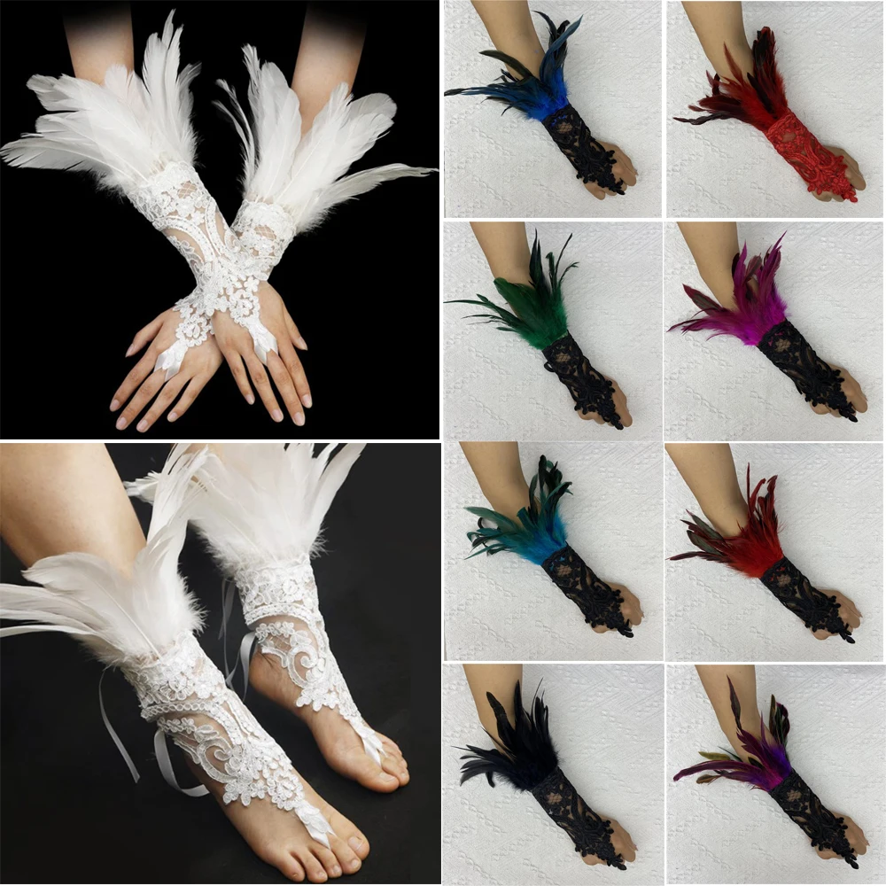 Women Lace Feather Long Gloves Gothic Mesh Sleeve Halloween Party Hook Finger Gloves Embroidery White Female Stage Accessories