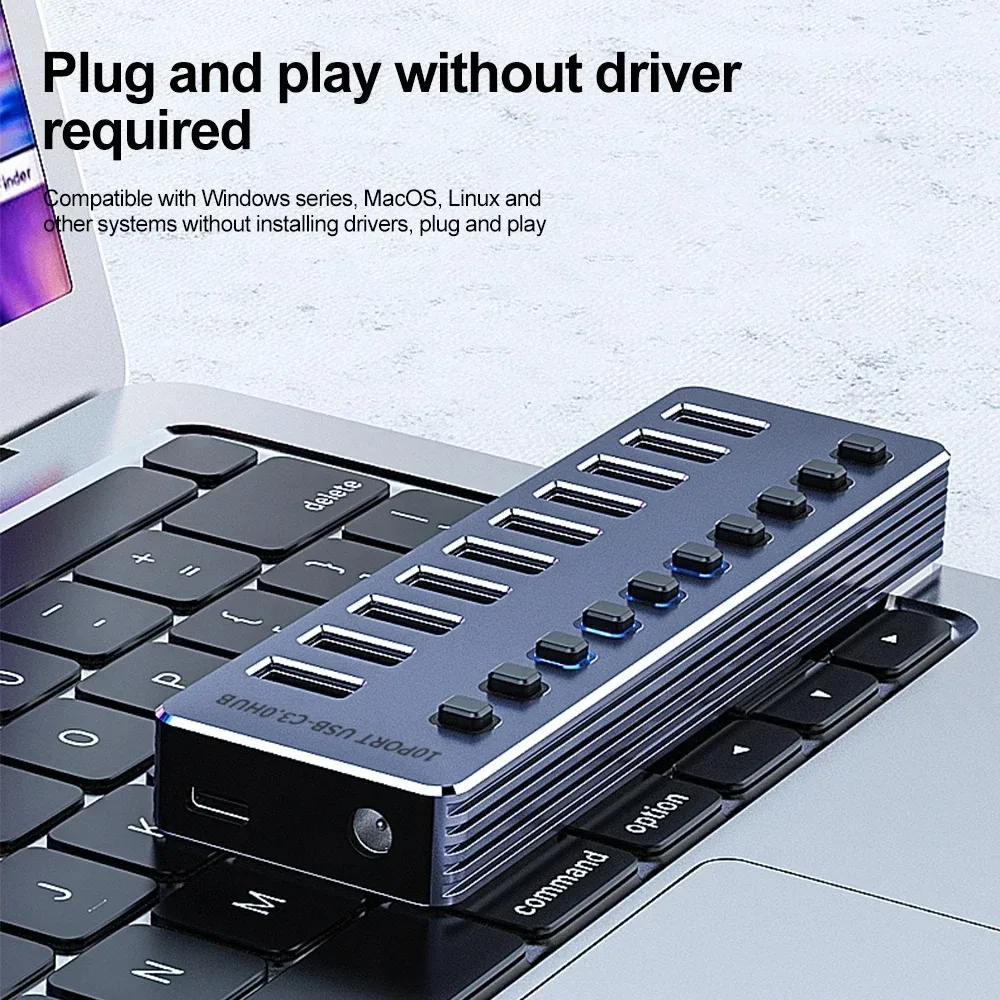 KEBIDUMEI 10 Port USB 3.0 Hub with Independent On/Off Switches 5Gbps High Speed Type-C Splitter USB Docking Station for Laptop